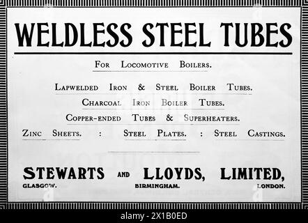 Pubblicità per Stewarts and Lloyds Limited di Glasgow, Birmingham e Londra. Per tubi in acciaio senza saldature per caldaie per locomotive. Da una pubblicazione originale datata 15 maggio 1924, questo aiuta a dare un'idea del trasporto pubblico, e in particolare delle ferrovie, degli anni '1920 Foto Stock