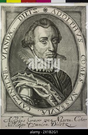Adolfo, conte di Nassau-Siegen, in una cornice ovale con trascrizione latina, in quadrato, preponderante schiusa di cresta marginale intarsiata come estensione, sotto la caratterizzazione della leggenda olandese a doppia spaziatura. Incisione in rame, senza titolo (attribuito Nicola de Clerck), 1615, - 16150101 PD0013 - Rechteinfo: Rights Managed (RM) Foto Stock
