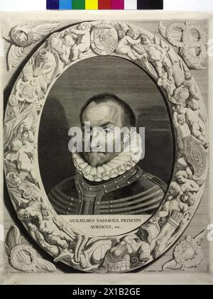 Guglielmo i, Principe d'Orange, Conte di Nassau, mezza lunghezza, metà da sinistra, testa nuda, con Schnurr- e Knebelbart, linea completa di barba, ruggine, imbracatura con fascia decorativa alle spalline, sotto Segmentfeld con leggenda latina e tabulazione. Le cornici ovali si riempiono di trofei e geni di guerra divorati uno dall'altro, in cima al suo stemma con fascia di motto, il simbolismo Kranz Fluegel nell'angolo esterno. Incisione di rame di Jonah Suyderhoff basata su bozza di Pieter Soutman, da lui pubblicata. in fondo alla notazione, editore, prerogativa, 1644 - 16440101  Foto Stock