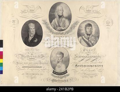 Imperatore Francesco i e altri, ritratto dell'imperatore Francesco i d'Austria, del principe ereditario arciduca Ferdinando, del cancelliere di stato Clemens Wenzel Lothar conte Metternich e del feldmaresciallo e presidente del Consiglio di corte delle guerre Karl Philipp conte Schwarzenberg, disegno abbaziale con didascalie calligrafiche (titolo) di Adalbert Joseph Kurka, 1816, - 18160101 PD0035 - Rechteinfo: diritti gestiti (RM) Foto Stock