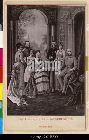 Francesco Giuseppe i, Imperatore d'Austria con famiglia, immagine di famiglia: Francesco Giuseppe in uniforme crociata di un feldmaresciallo imperiale e reale in adattamento tedesco, Elisabetta con i suoi figli Marie Valerie, principessa Gisela e principe Leopoldo di Baviera e principe ereditario Rodolfo con la principessa ereditaria Stephanie, foto composita, 1883, - 18830101 PD1174 - Rechteinfo: Rights Managed (RM) Foto Stock