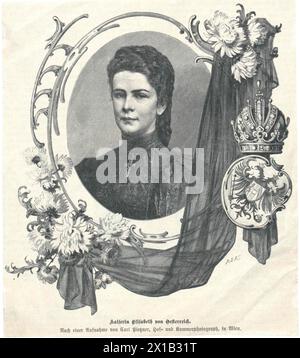 Elisabeth, imperatrice d'Austria, in memory card, ritoccata arte fotografica di Carl Pietzner basata sull'ultimo studio girato da Ludwig Angerer (1868 circa) in riproduzione grafica, quadro con Krepper, aquila a doppia testa e corona, 1898, - 18980101 PD0443 - Rechteinfo: Rights Managed (RM) Foto Stock
