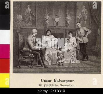 Francesco Giuseppe i, Imperatore d'Austria con famiglia, la coppia imperiale Francesco Giuseppe ed Elisabetta come nonni: l'arciduca Francesco Salvatore di Toscana e l'arciduchessa Maria Valeria con i suoi figli Franz Karl (al giro), Elisabeth francisca (in piedi) e Hubert Salvator, titolo: "Unser Kaiserhaus als glueckliche Grosseltern", 1894 - 18940101 PD1608 - Rechteinfo: diritti gestiti (RM) Foto Stock