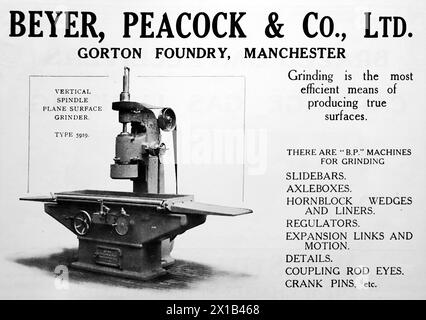 Pubblicità per Beyer, Peacock and Co. Ltd, della Gorton Foundry, Manchester. Nella figura è illustrata la smerigliatrice di superficie del piano alberino verticale. Da una pubblicazione originale datata 15 maggio 1924, questo aiuta a dare un'idea del trasporto pubblico, e in particolare delle ferrovie, degli anni '1920 Foto Stock