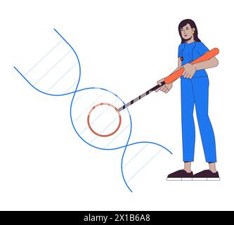 Medico donna che ricerca dna Helix 2D personaggio di cartoni animati lineari Illustrazione Vettoriale