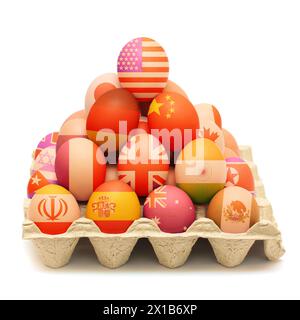 Uova dipinte sotto forma di bandiere di diversi paesi su sfondo bianco Foto Stock