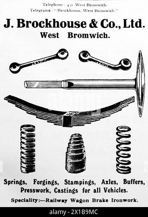 Pubblicità per J. Brockhouse and Co. Ltd, di West Bromwich. Molle, forgiature, stampigliature, assali, tamponi, pressatura e pezzi fusi. Specialista nella ferramenta per carri ferroviari. Da una pubblicazione originale datata 15 maggio 1924, questo aiuta a dare un'idea del trasporto pubblico, e in particolare delle ferrovie, degli anni '1920 Foto Stock