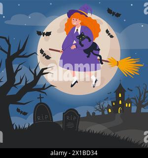 Illustrazione del paesaggio notturno di Halloween con pietre tombali, strega sulla scopa e luna piena Illustrazione Vettoriale