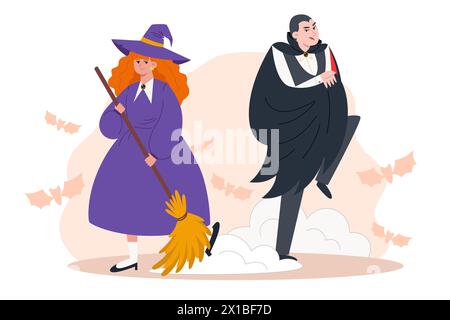 Strega con una scopa che spazza il pavimento e un vampiro Illustrazione Vettoriale