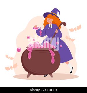 Witch prepara una pozione magica in un calderone per Halloween Illustrazione Vettoriale