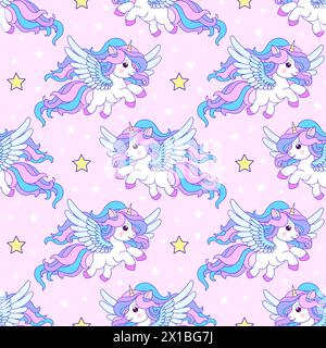 Motivo senza cuciture con unicorni bianchi e stelle su sfondo rosa. Per la progettazione di tessuti per bambini, sfondi, carta da parati, carta da imballaggio, stampe, auto Illustrazione Vettoriale