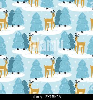 Natale senza cuciture con un cervo in una foresta innevata in inverno Illustrazione Vettoriale