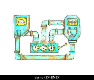 Unità motrice con vecchi tubi sporchi e arrugginiti in stile steampunk, disegno ad acquerello disegnato a mano, scarabocchi in stile steampunk. Traccia vettoriale. Illustrazione vettoriale Illustrazione Vettoriale