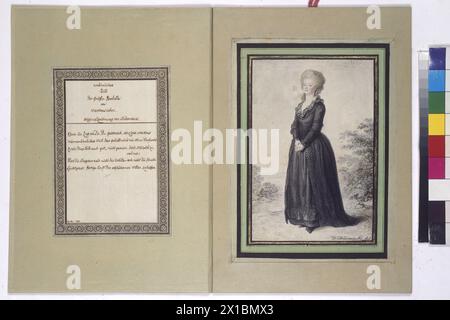 Isabella von Wartensleben, acquerello, matita, rivestita su carta. figura intera, in piedi, profilo di tre quarti a sinistra, con le mani in movimento. Verniciato ad acquerelli con bordo dorato, vetrificante, con rivestimento passante, due cartigli con testo, - 17700101 PD0036 - Rechteinfo: Rights Managed (RM) Foto Stock