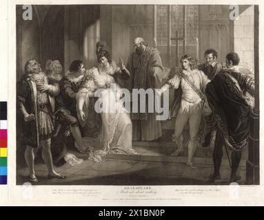 William Shakespeare: Much Ado About Nothing, Production design, atto IV, scena i, eroe sta cadendo di fronte all'altare per paralisi, davanti a lei il monaco come la sposerebbe con Claudio. Claudio in piedi a destra e incriminarla della perfidia, incisione di rame in stippling di Pierre Simon (Peter Simon) basato su pittura di William Hamilton foglio della Shakespeare-Gallery von John Boydell, - 17900101 PD0197 - Rechteinfo: Diritti gestiti (RM) Foto Stock