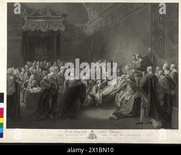La morte del conte di Chatham, William Pitt, il primo conte di Chatham crollò il 7 luglio 1778 durante la sua orazione nella camera dei Lord di Londra alla guerra d'indipendenza americana e morente, incisione in rame di Francesco Bartolozzi su pittura di John singleton Copley, iscrizione von Copley a Re Giorgio III, con stemma, - 17910101 PD0054 - Rechteinfo: Rights Managed (RM) Foto Stock