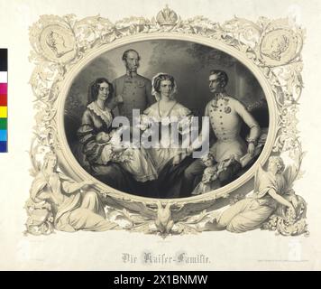 La famiglia imperiale, foto di gruppo: Francesco Giuseppe i, Imperatore d'Austria insieme a sua moglie Elisabetta, le figlie Sofia e Gisela, e i suoi genitori Francesco Carlo, Arciduca d'Austria e Sofia, principessa nata di Baviera. Litografia colorata di Joseph Anton Bauer basata su una bozza di Karl Joseph Geiger, - 18560101 PD1065 - Rechteinfo: Diritti gestiti (RM) Foto Stock