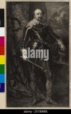 Giovanni VIII, il giovane, conte di Nassau-Siegen, immagine (a tutta lunghezza, 3 / 4 a destra, in armatura), scolpita da Wilhelm Hecht (su carta velina) sulla base del dipinto di Anton van Dyck (1634, Vienna, Liechtenstein - balcone), - 19830422 PD1133 - Rechteinfo: Diritti gestiti (RM) Foto Stock