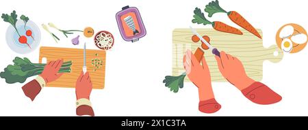 Preparazione di alimenti sani taglio di verdure Illustrazione Vettoriale