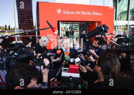 Milano, Italia. 16 aprile 2024. Milano, inaugurazione del Salone Internazionale del Mobile di Milano a Rho Fiera Milano. Nella foto: Adolfo Urso Credit: Independent Photo Agency/Alamy Live News Foto Stock