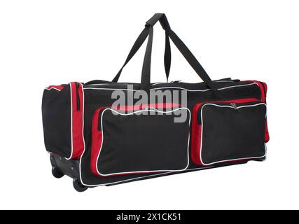 sacchetto per kit di cricket rosso e nero isolato su sfondo bianco Foto Stock