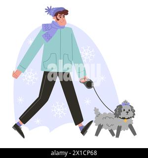 Giovane uomo che cammina con un piccolo cane riccio in inverno Illustrazione Vettoriale