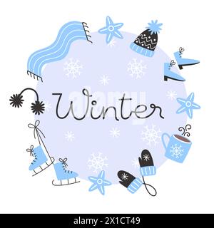 Tessera con elementi accoglienti sul tema delle attività invernali Illustrazione Vettoriale