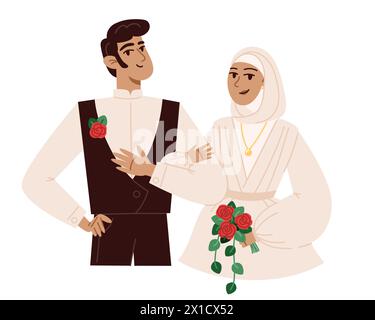 Sposa con un bouquet di fiori e sposo al matrimonio, illustrazione in stile piatto Illustrazione Vettoriale