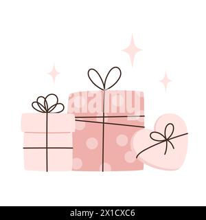 Set di confezioni regalo rosa con fiocchi in stile piatto Illustrazione Vettoriale