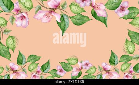 Cornice ad acquerello con fiori rosa e foglie isolate sul rosa. Tavola floreale con ramo di albero da frutto in fiore disegnato a mano. Elemento per l'invito al matrimonio Foto Stock