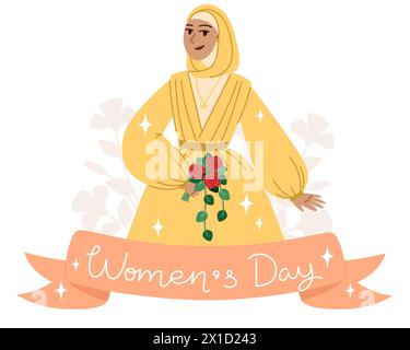 Biglietto di auguri per la giornata della donna con una giovane donna in hijab in stile piatto Illustrazione Vettoriale