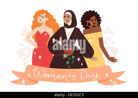 Biglietto d'auguri per la giornata delle donne con giovani donne di diverse nazionalità in stile piatto Illustrazione Vettoriale