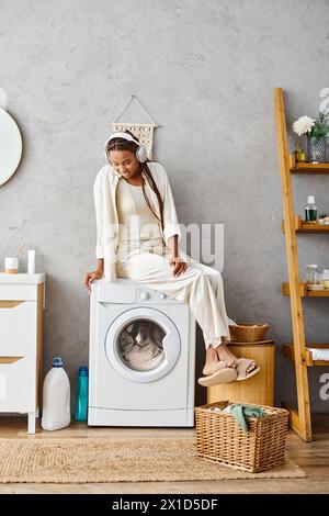 Una donna afroamericana con trecce afro seduta orgogliosamente su una lavatrice, affrontando il bucato nel suo bagno. Foto Stock