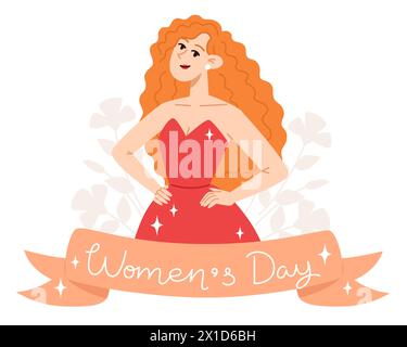 Biglietto d'auguri per la giornata della donna con una giovane donna in stile piatto Illustrazione Vettoriale