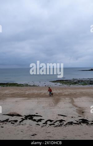 Pesca a piedi in un paesaggio marino naturale nell'Oceano Atlantico sulla penisola di Quiberon a Morbihan, Bretagna, il 29 marzo 2022. Pecheur a pied dans un p Foto Stock