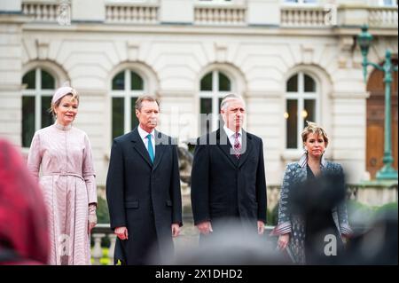 Il re belga Filip e la regina Matilde con il granduca Enrico e la granduchessa Maria Teresa, Bruxelles, Belgio, 16 aprile 2024 - visita di Stato di Foto Stock