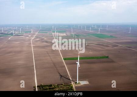 Le file su file di torreggianti turbine eoliche dominano il paesaggio, raccogliendo energia durante le pause del giorno Foto Stock