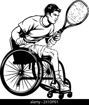 Tennista su sedia a rotelle con racchetta e palla. Illustrazione vettoriale disegnata a mano. Illustrazione Vettoriale