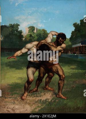 The Wrestlers è un grande dipinto del 1853 dell'artista francese Gustave Courbet, che mostra due uomini impegnati nel "wrestling francese", ispirato al wrestling greco-romano Foto Stock