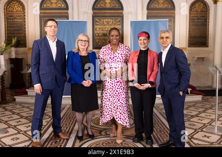 Londra, Regno Unito: 16 aprile 2024: I quattro principali candidati al sindaco di Londra hanno preso parte al dibattito di Londra in diretta su ITV News London alla St James' Church di Clerkenwell. Da sinistra a destra: Rob Blackie, liberaldemocratico; Susan Hall, conservatrice; Charlene White, presentatore; Sadiq Khan, laburista; Zoe Garbett, Verde. Foto Stock