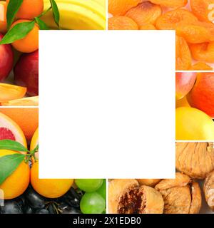 Set di frutta e frutta secca. Collage. Cornice con spazio libero per il testo. Foto Stock