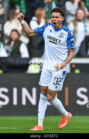 Brugge, Belgio. 1 aprile 2024. Antonio Nusa (32) del Club Brugge celebra durante la stagione 2023 - 2024 della Jupiler Pro League la partita del secondo giorno nei play-off dei campioni tra Cercle Brugge e Club Brugge il 1 aprile 2024 a Brugge, Belgio. (Foto di David Catry/Isosport) credito: Sportpix/Alamy Live News Foto Stock
