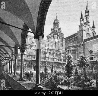 Monastero Certosa di Pavia, architettura gotica e rinascimentale, città di Milano, Lombardia, Italia settentrionale, illustrazione storica 1885 Foto Stock