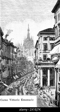 Corso Vittorio Emanuele II, comune di Milano, Lombardia, Nord Italia, illustrazione storica 1885 Foto Stock