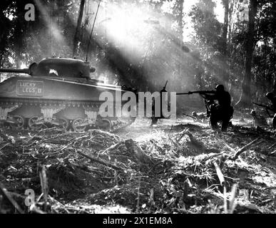 Gli Yanks si rimuovono su Bougainville. Di notte i giapponesi si infiltravano nelle linee americane. All'alba, i doughboy sono usciti e li hanno uccisi. Questa foto mostra il carro armato che va avanti, la fanteria che segue nel suo coperchio ca. Marzo 1944 Foto Stock