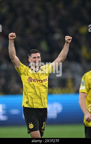 Dortmund, Germania. 16 aprile 2024. Calcio: Champions League, Borussia Dortmund - Atlético Madrid, round a eliminazione diretta, quarti di finale, andata e ritorno, Signal Iduna Park. Niclas Füllkrug di Dortmund festeggia. Crediti: Federico Gambarini/dpa/Alamy Live News Foto Stock