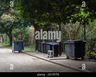 Vano portaoggetti per rifiuti. Molti contenitori di spazzatura. cura della pulizia nel parco Foto Stock