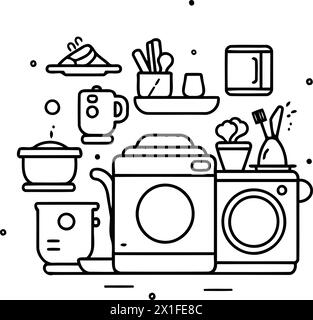 Set di elettrodomestici e utensili da cucina dalle linee sottili e moderne. Illustrazione vettoriale Illustrazione Vettoriale