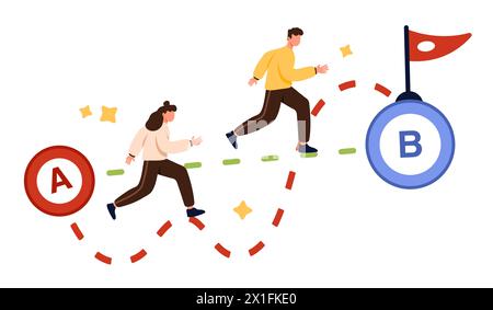 Scorciatoia dal punto A al punto B, semplicità dei processi aziendali difficili. Piccolo uomo e donna che corrono per segnare in modo facile e duro, scegliere il successo dritto e complicato percorso illustrazione vettoriale cartoni animati Illustrazione Vettoriale