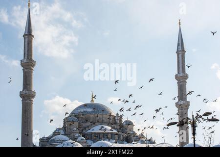 Pigeon volando intorno ai minareti della moschea Foto Stock